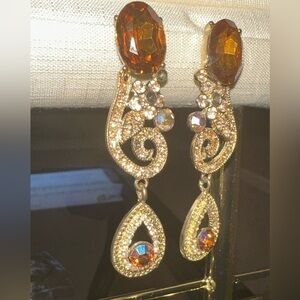 3 1/4” statement copper rhinestone pierced earrings with goldplate setting.